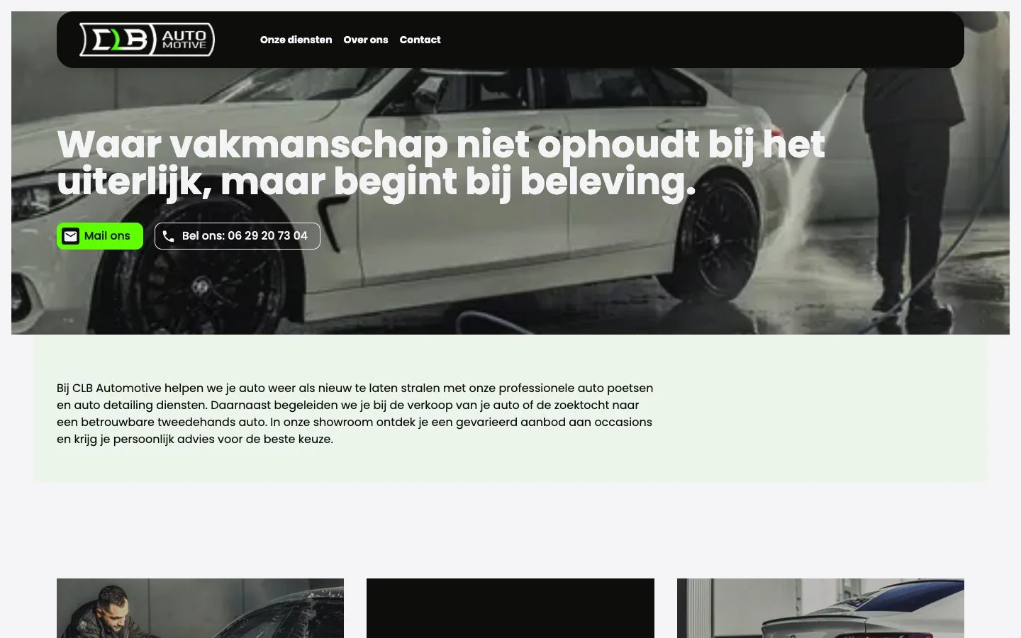 The actual CLB Automotive website for car care and used cars on desktop and mobile