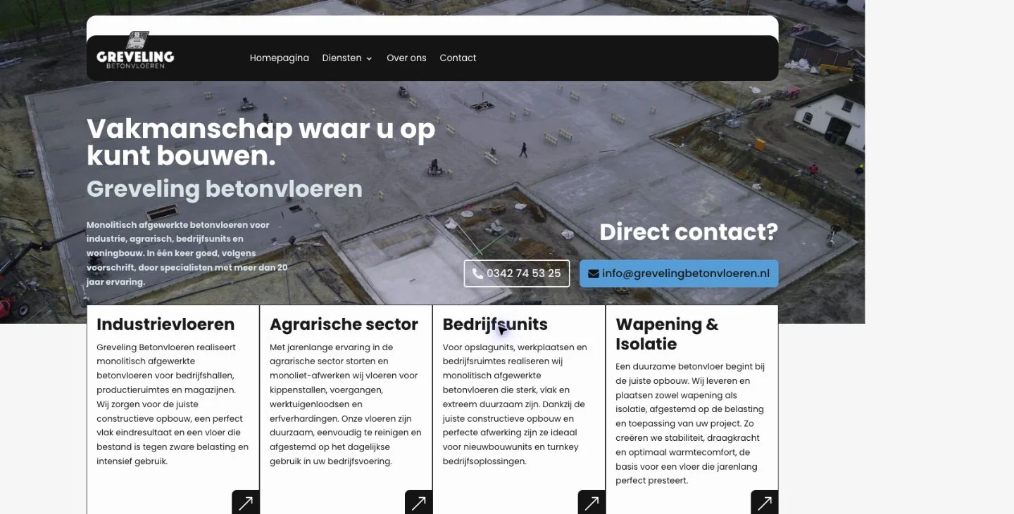 De echte Greveling Betonvloeren-website op desktop en mobiel