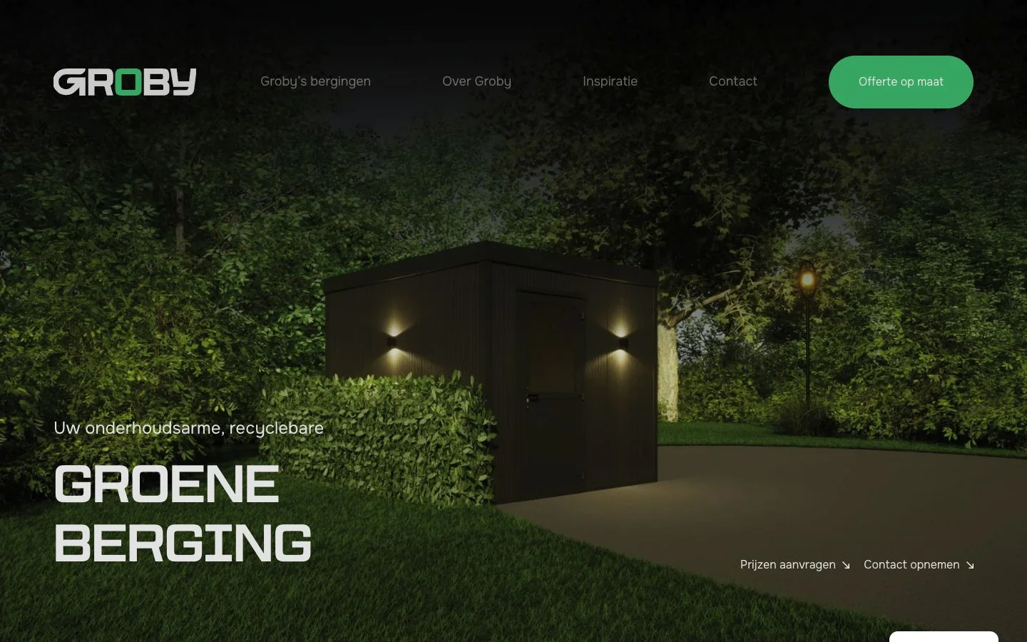 De echte Groby-website voor maatwerkbergingen op desktop en mobiel