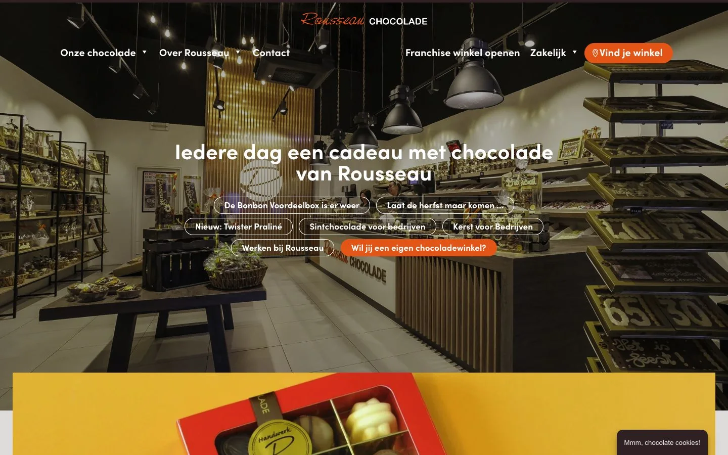 De openbare Rousseau Chocolade-website als opdrachtgeverbeeld; onze bijdrage is applicatiebeheer en doorontwikkeling, niet deze website