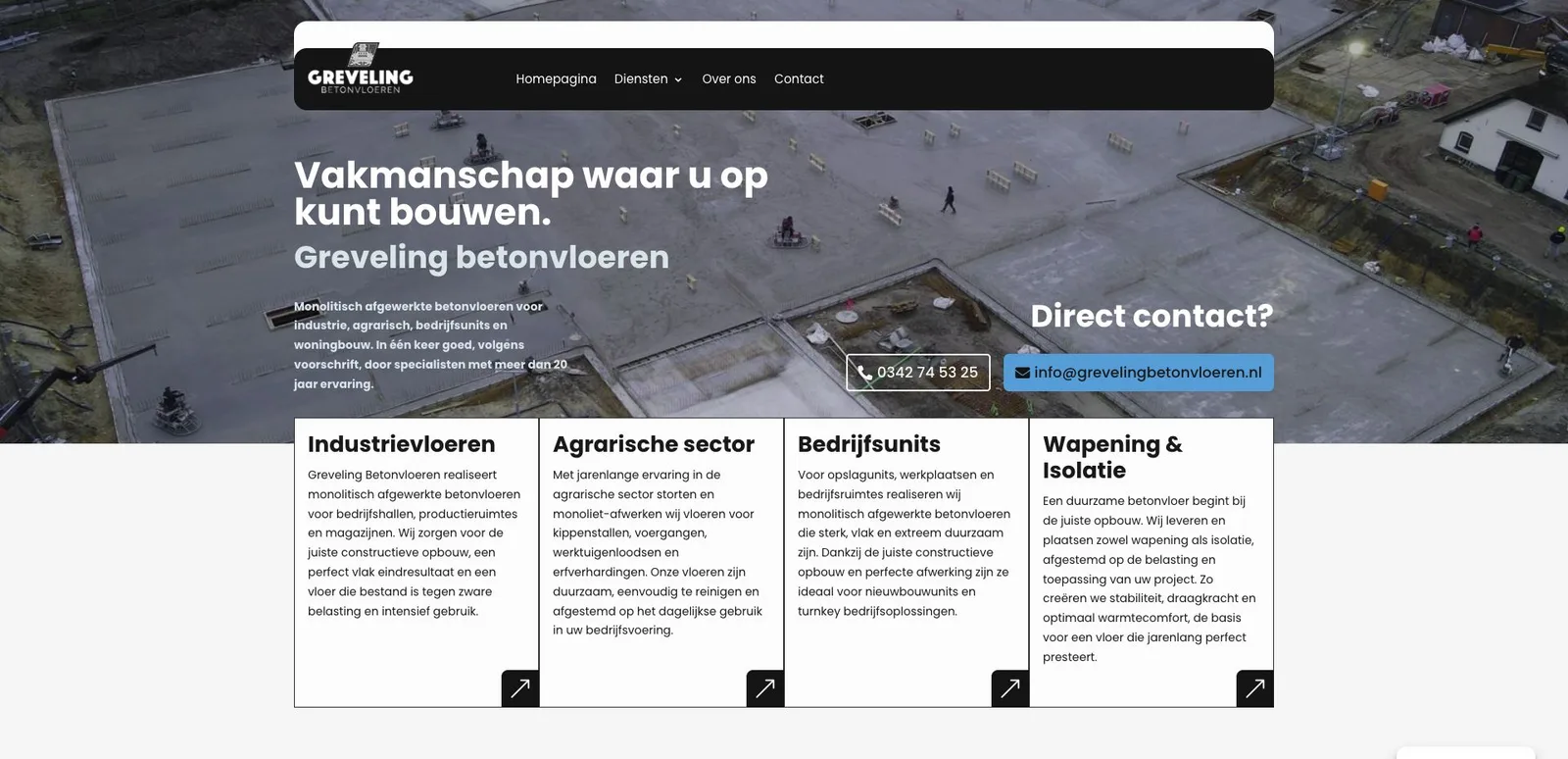 Homepage van Greveling Betonvloeren met een betonvloerproject en diensten