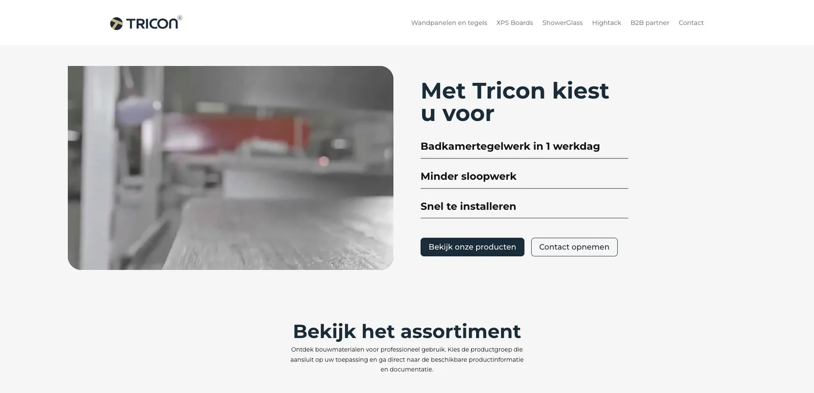 Homepage van Tricon met productgerichte uitleg en contactknoppen